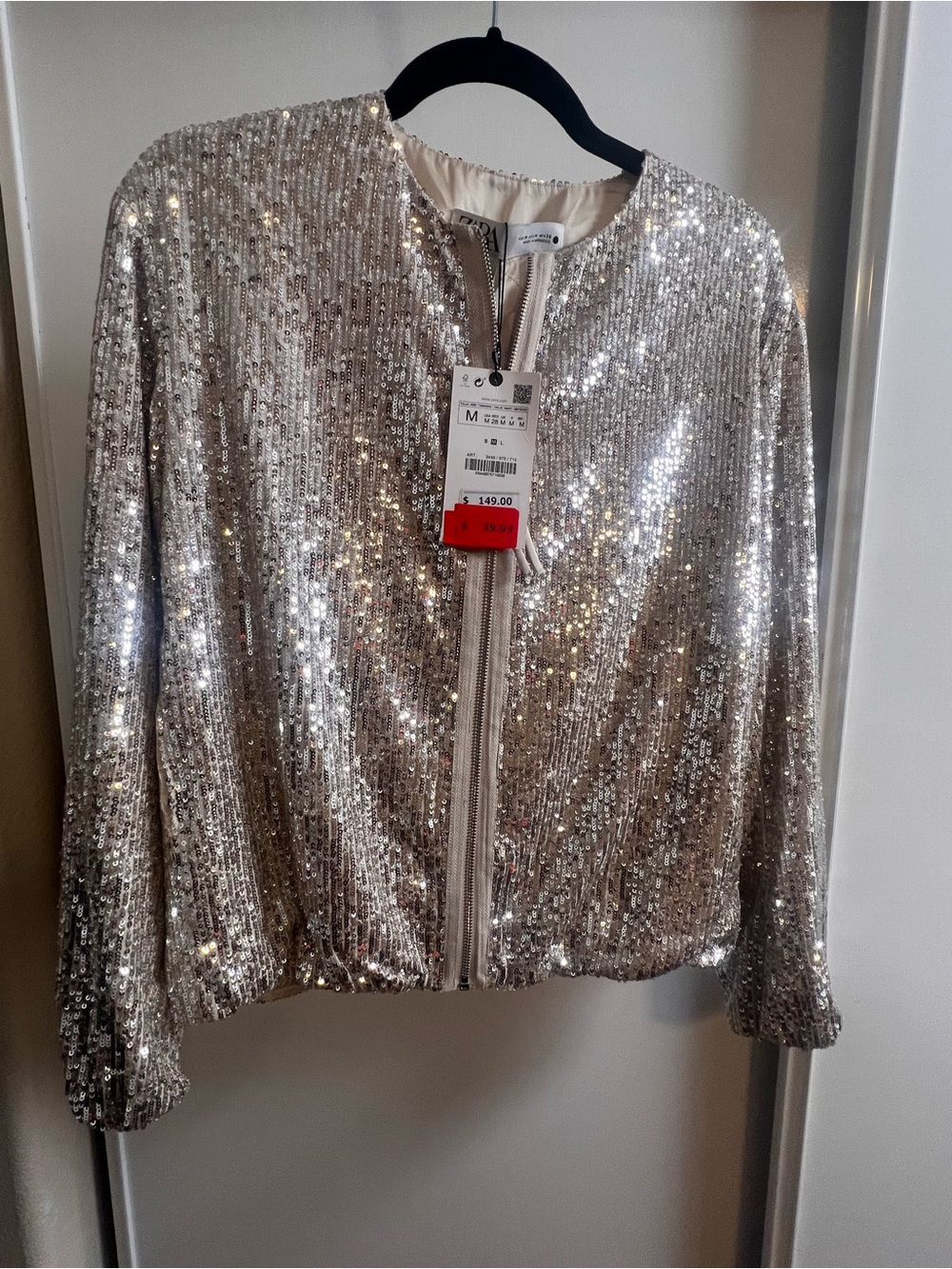 Zara Silver Sequin Zip Bomber Jacket